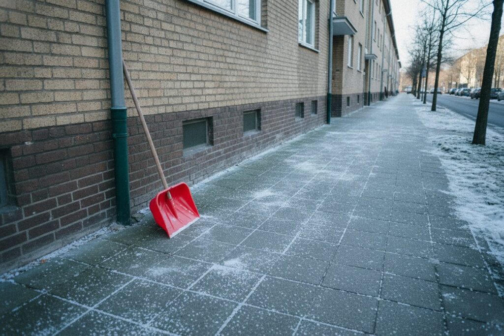Roter Schneeschieber lehnt an einer Backsteinwand an einem leicht verschneiten, mit Granulat bestreuten Gehweg (KI-Illustration)
