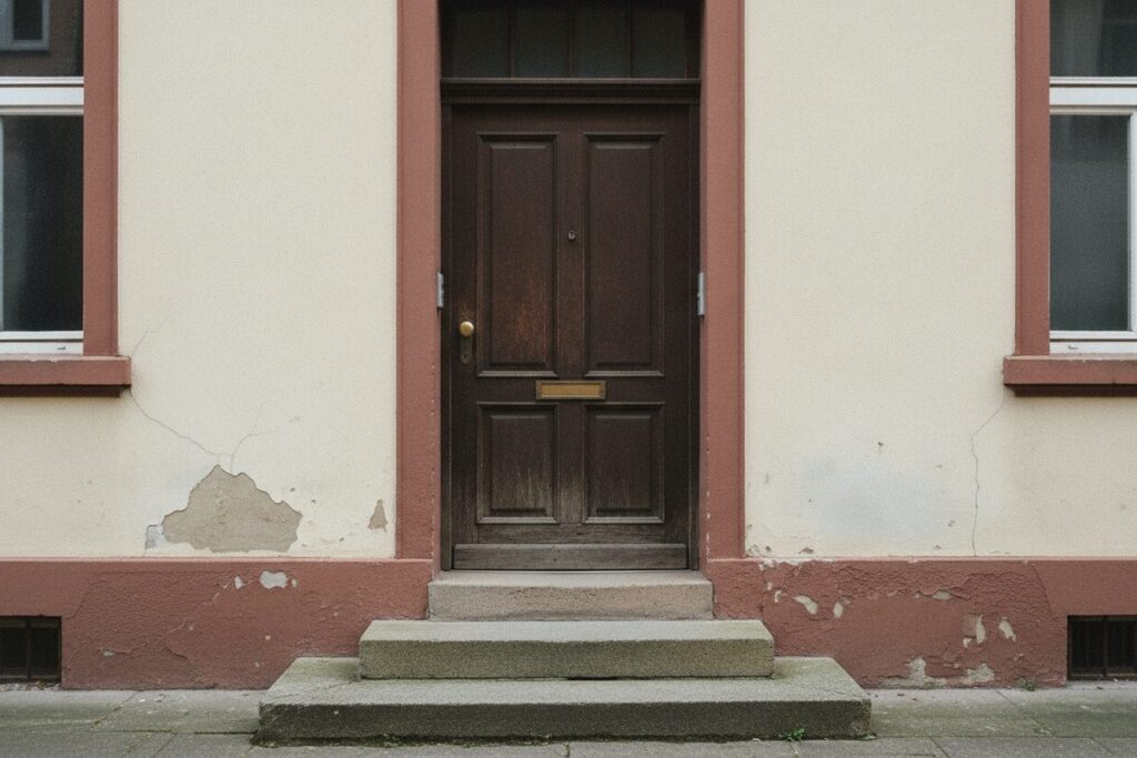 Dunkle Holzhaustür mit drei Steinstufen in einer cremefarbenen Putzfassade mit abgeplatzten Stellen, niemand zu sehen (KI-Illustration)