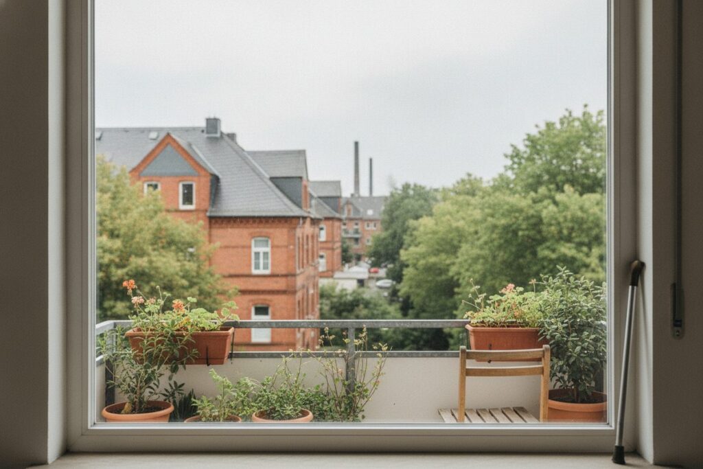 Sauberes Fenster mit Blick auf einen Balkon mit Pflanzen, am Fensterbrett lehnt ein Gehstock (KI-Illustration)