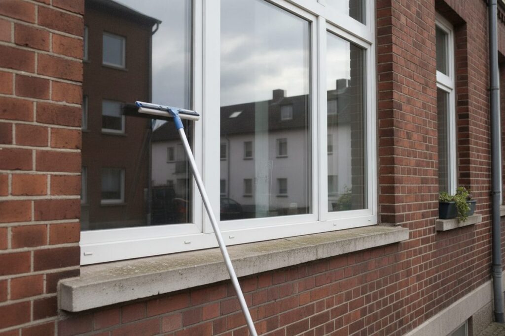 Weißes Kunststofffenster in einer Backsteinfassade mit klarer Scheibe, davor eine Teleskopstange mit Abzieher (KI-Illustration)