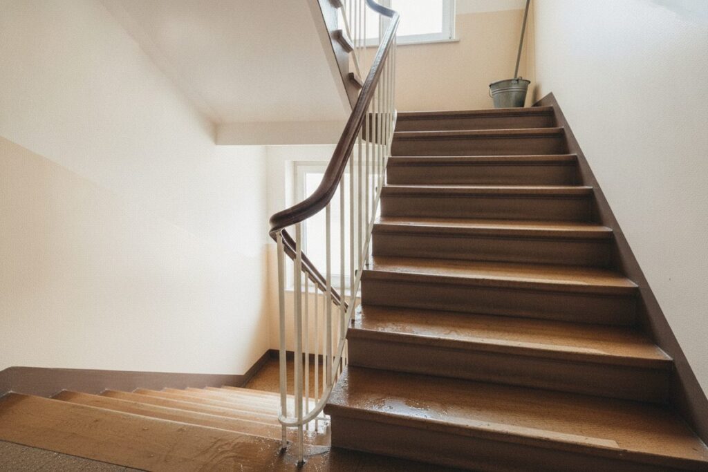 Helles Treppenhaus eines Mehrfamilienhauses mit nass gewischten Holzstufen, Geländer mit Handlauf und Eimer mit Mopp im Hintergrund (KI-Illustration)