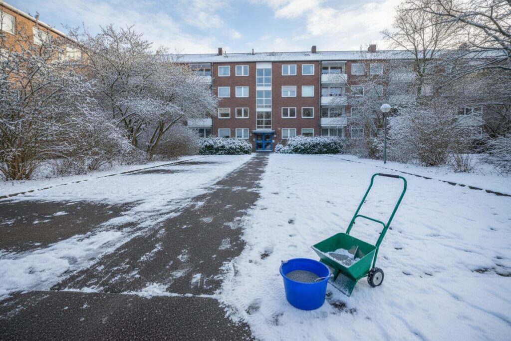 Verschneiter Hauszugang eines Mehrfamilienhauses mit frei geräumtem Weg, Streuwagen und Eimer mit Streusplitt im Vordergrund (KI-Illustration)