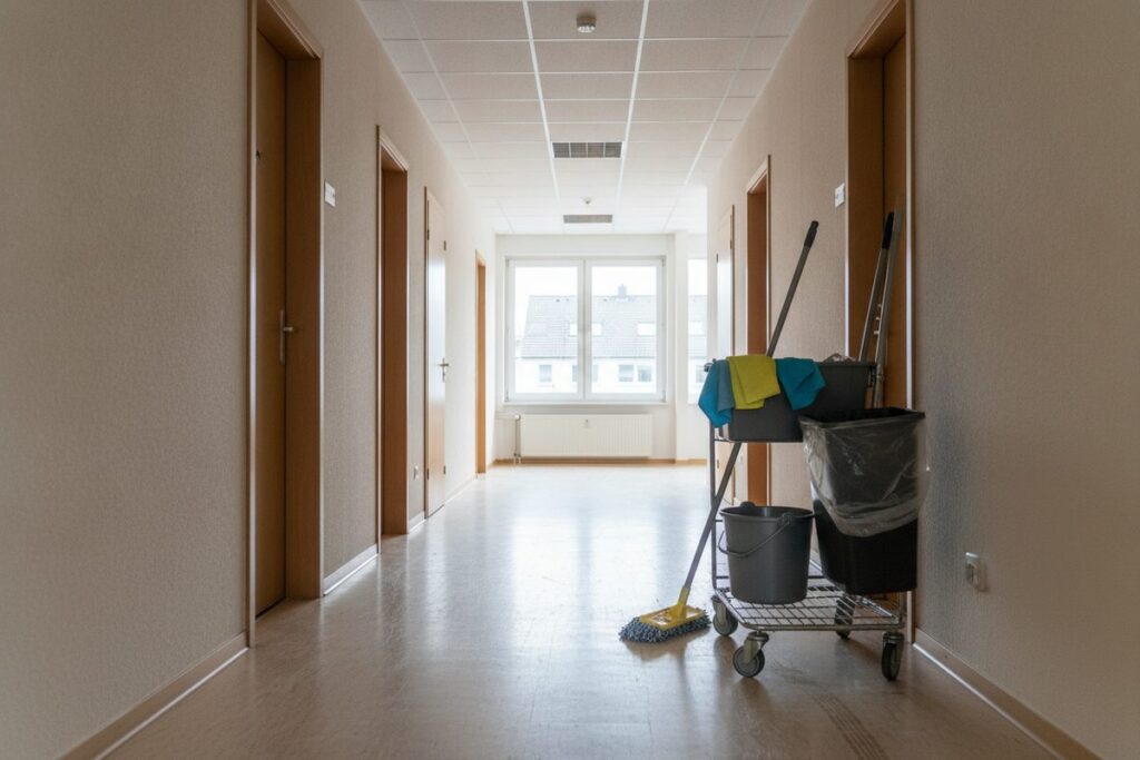 Reinigungswagen mit Tüchern und Mopp in einem hellen Büroflur mit frisch gewischtem Boden (KI-Illustration)
