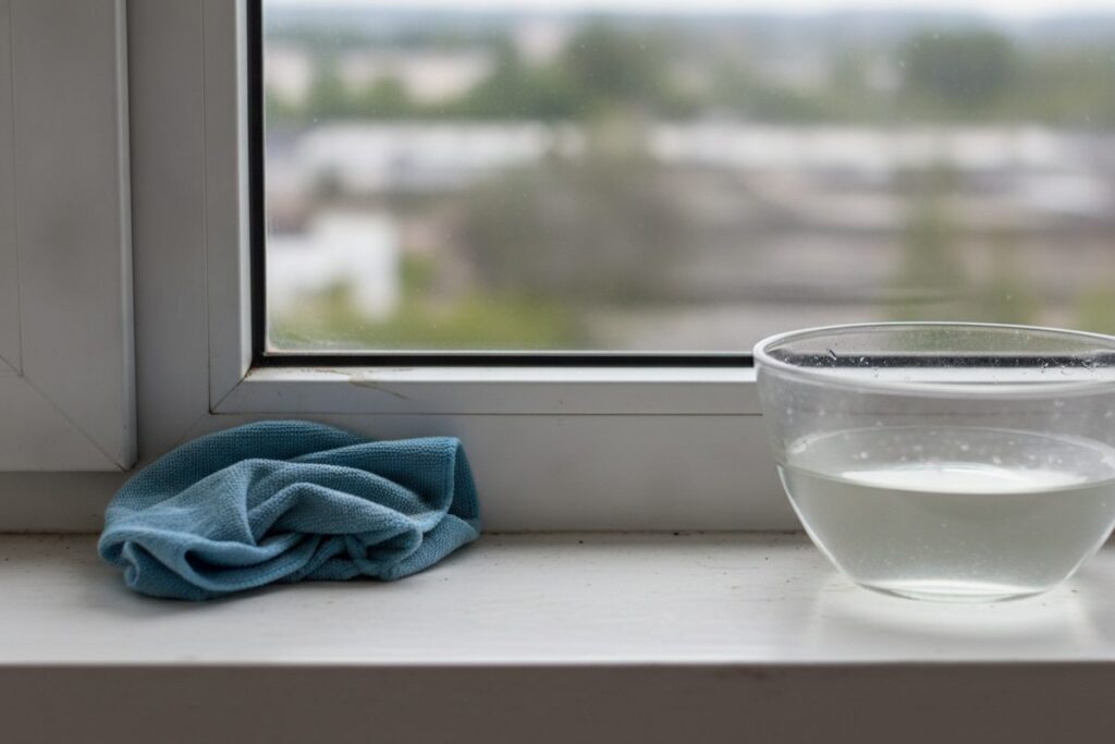 Weißer Kunststofffensterrahmen mit Fensterbank, auf der ein blaues Mikrofasertuch und eine Glasschale mit Wasser stehen (KI-Illustration)