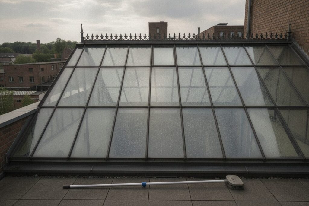 Schräges Glasdach mit dunklen Sprossen auf einer Dachterrasse, das Glas trägt Tropfen und Belag, davor liegt eine Teleskopstange mit Bürstenkopf (KI-Illustration)