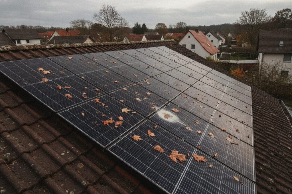 Photovoltaikmodule auf einem Hausdach mit Laub und einem Vogelkotfleck auf dem Glas (KI-Illustration)