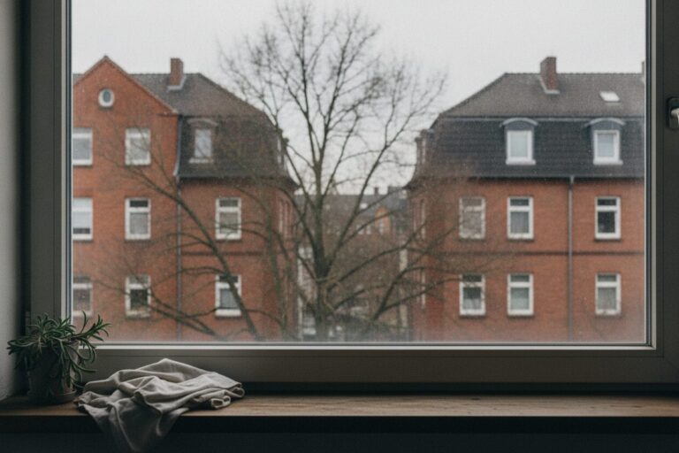 Blick von innen durch ein klares Fenster auf kahle Bäume und Backsteinhäuser im Winter, auf der Fensterbank ein gefaltetes Tuch und eine kleine Pflanze (KI-Illustration)