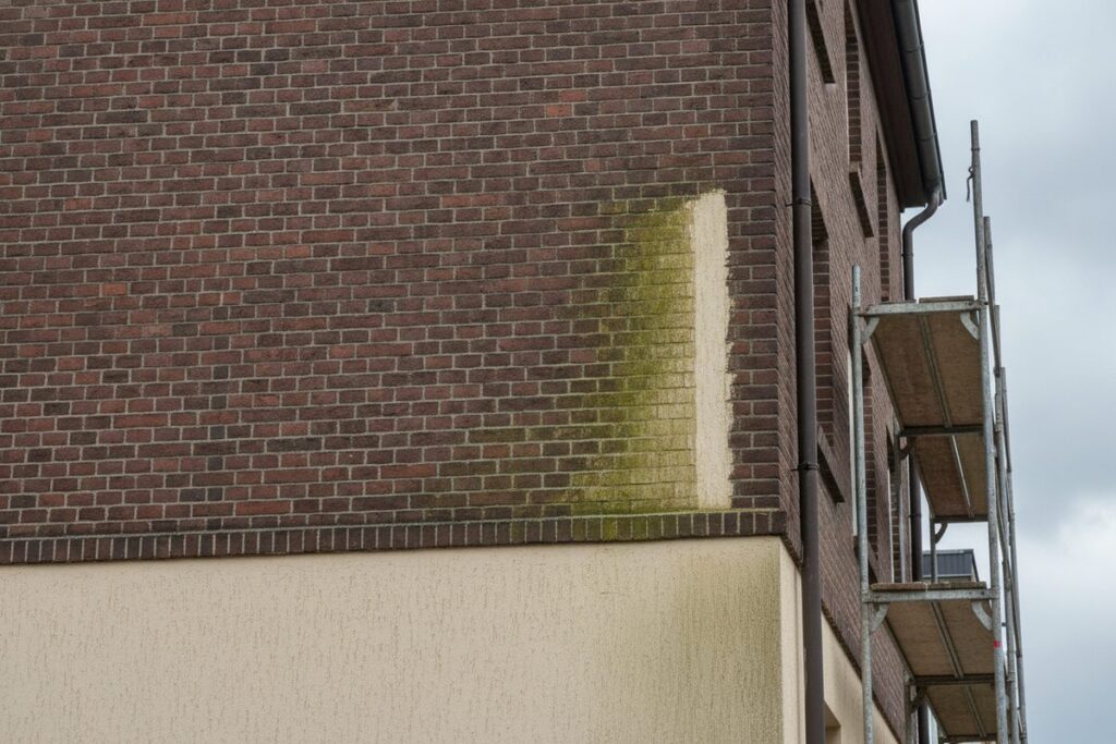 Klinkerfassade mit grünem Algenbelag über dem Putzsockel, daneben ein heller gereinigter Streifen und Gerüst am Rand (KI-Illustration)
