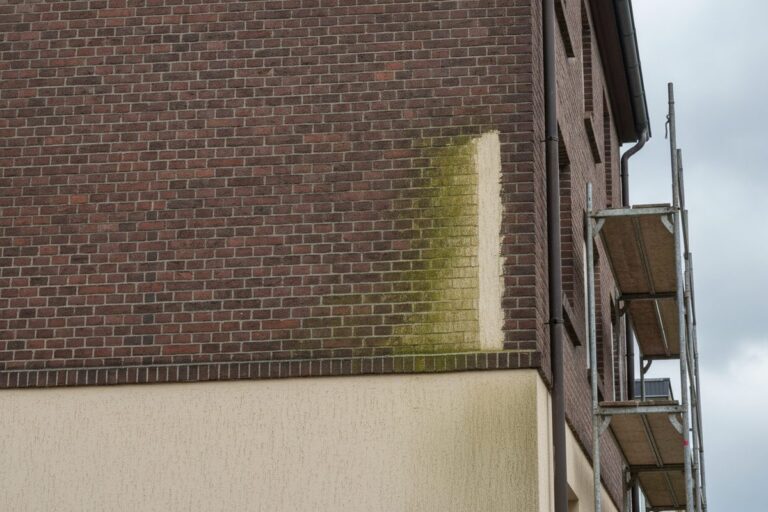 Klinkerfassade mit grünem Algenbelag über dem Putzsockel, daneben ein heller gereinigter Streifen und Gerüst am Rand (KI-Illustration)